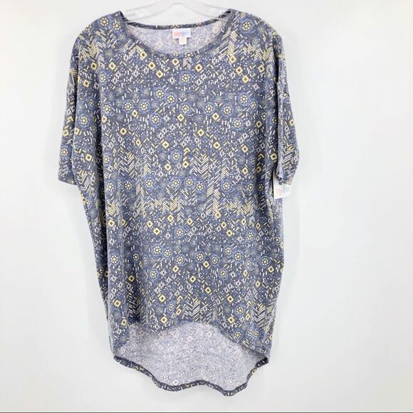 LuLaRoe Womens Irma Tunic Tee Shirt Blue & Yellow Printed High Low Oversized XXS - Picture 1 of 6